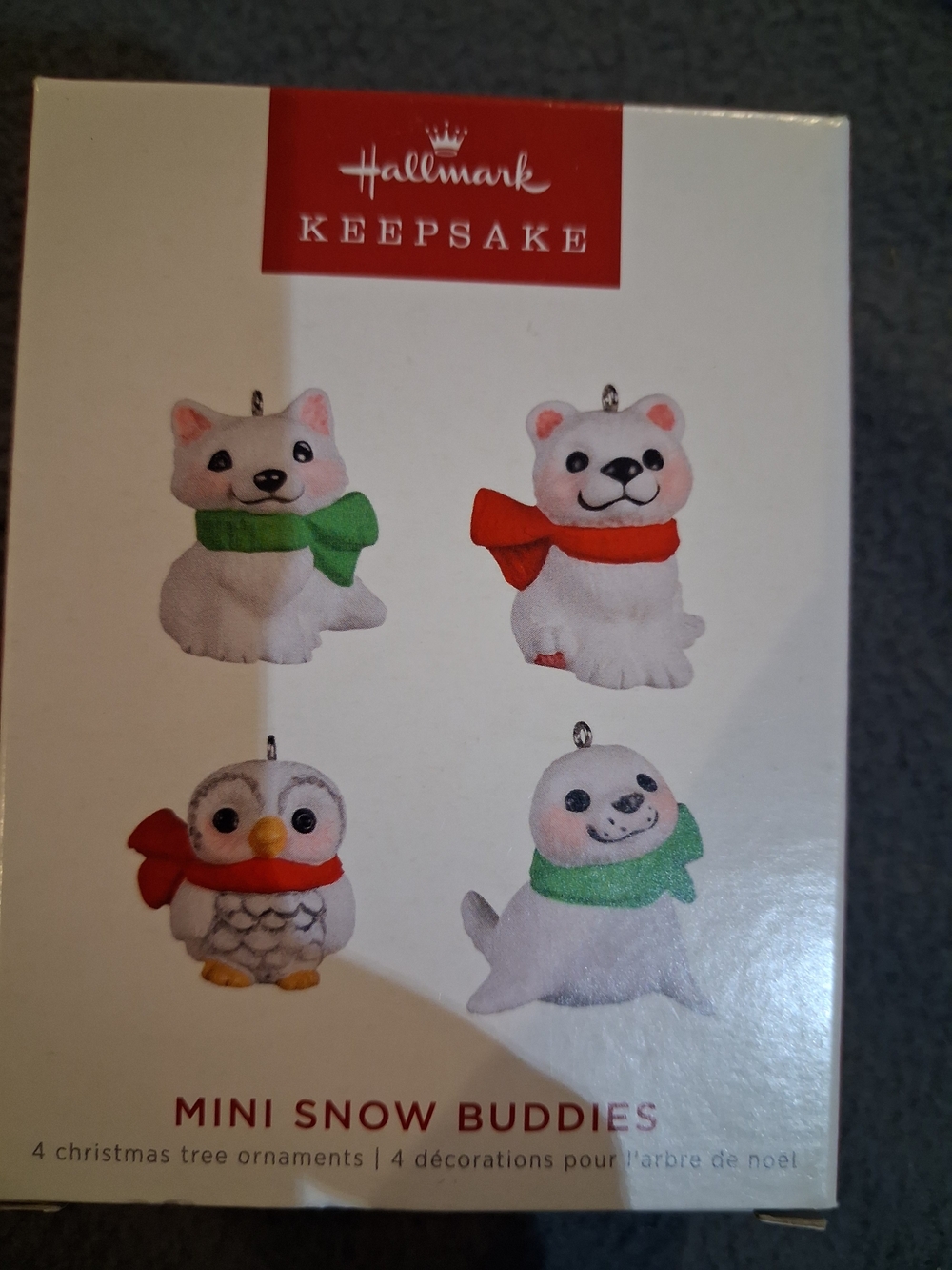 Hallmark Mini Snow Buddies Ornaments - White with Green and Red Accents